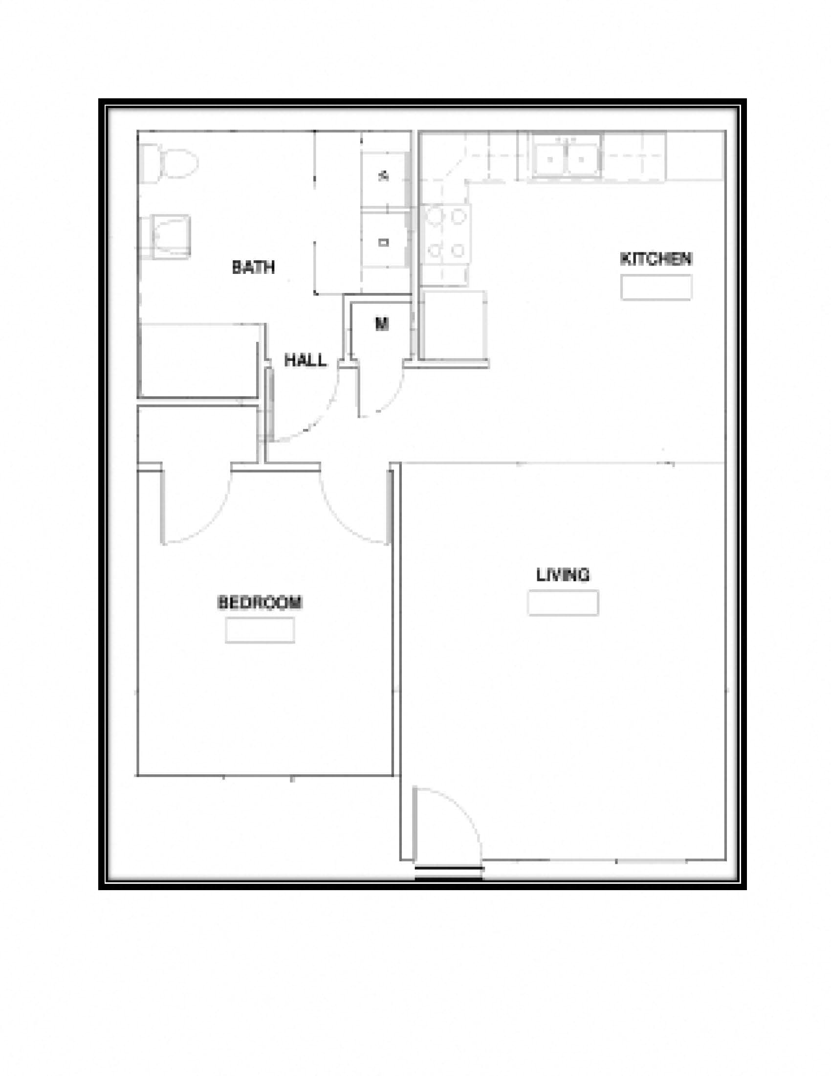 Floor plan for 1 bed, 1 bath, 753 sqft
